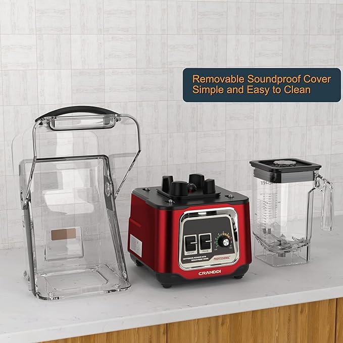 CRANDDI Professional Smoothie Blender 2200W Commercial Soundproof Quiet blender with Removable Soundproof Shield for Crushing Ice MilkShakes Puree Self-Cleaning 50oz 110V K80 (Red)