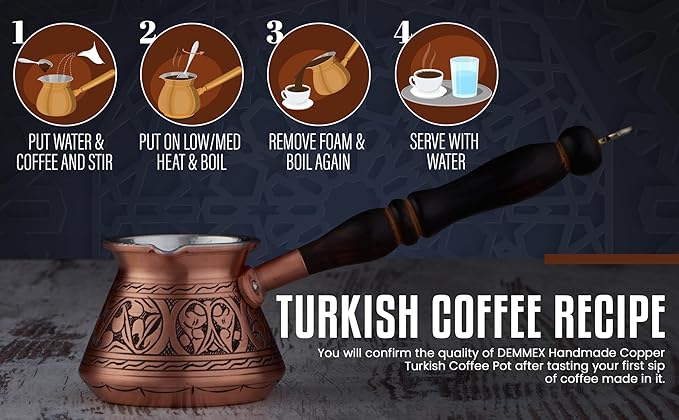 DEMMEX 15 Oz Thickest Copper Turkish Greek Arabic Coffee Pot Stovetop Coffee Maker Cezve Ibrik Briki with Wooden Handle &amp Spoon Hand Engraved (Antique Copper 6 Servings)