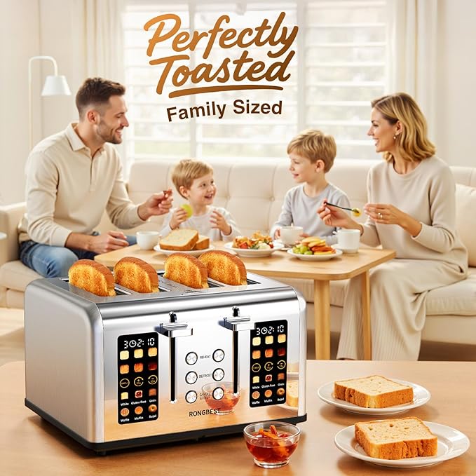 4 Slice Touch Screen Toaster Easy-to-Use Digital Stainless Steel Toaster with Wide Slots Reheat Defrost Cancel Removable Crumb Tray Silver
