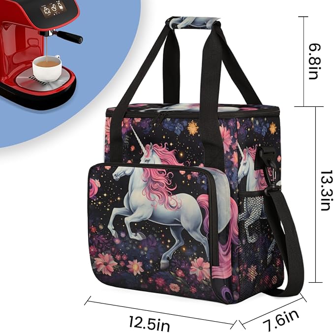 Lively Unicorn Coffee Maker Carrying Bag Flower Unicorn Travel Storage Bag Compatible with K-Mini or K-Mini Plus Single Serve Coffee Brewer Carrying Case with Multiple Pockets &amp Shoulder Strap