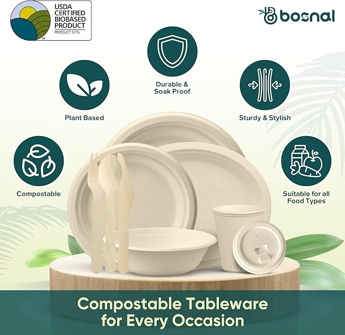 BOSNAL 10 inch &amp 7 inch Round Plates 10 inch Oval Plates 32 oz Bowls &amp 8 oz Cups with Lidss &amp Cutlery – 100% Plant-Based Bagasse Eco-Friendly Compostable Microwave Safe Durable Dinne