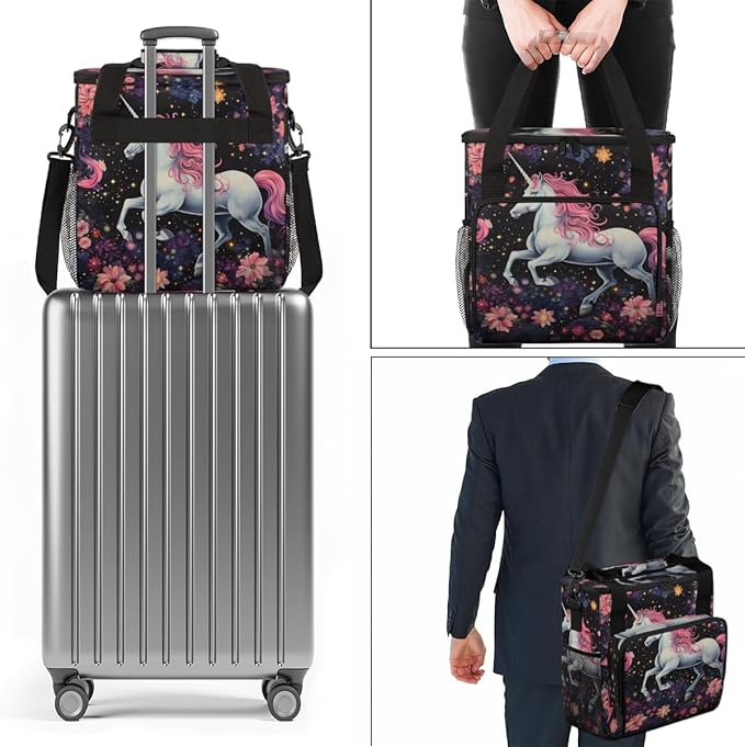 Lively Unicorn Coffee Maker Carrying Bag Flower Unicorn Travel Storage Bag Compatible with K-Mini or K-Mini Plus Single Serve Coffee Brewer Carrying Case with Multiple Pockets &amp Shoulder Strap