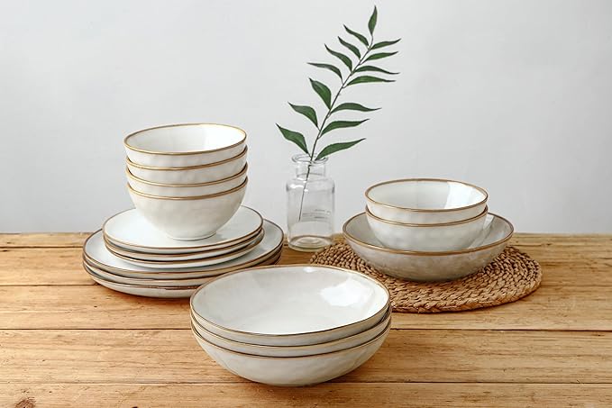 Famiware Ocean Round Plates and Bowls Sets for Kitchen 16-Piece Dinnerware Sets for 4 Reactive Glaze Cappuccino White