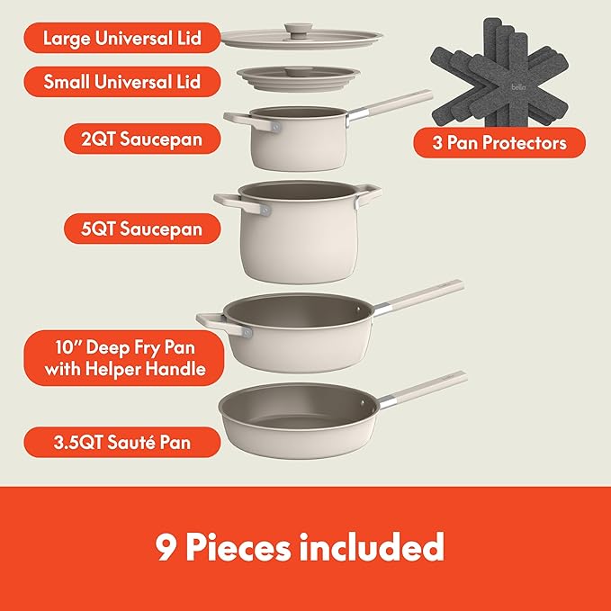 bella 9 Piece Ceramic Nonstick Cookware Set Fits-anywhere™ Kitchenware w EverGood™ Coating Dishwasher &amp Oven Safe All Stovetops Compatible Stackable Design Cool Touch Handles Oatmilk