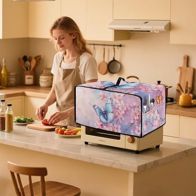 Doojoayie Toaster Cover 4 Slice Small Appliance Dust Protector Bread Making Machine Cover Compatible with Toaster/Kitchen Appliance Butterfly Flower Print