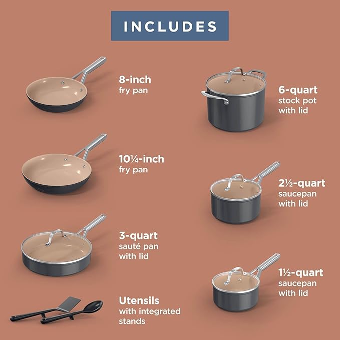 Extended Life 12-Piece Ceramic Cookware Set Nonstick Pots and Pans PFOA &amp PFAS Free Oven Safe to 550°F Induction Compatible