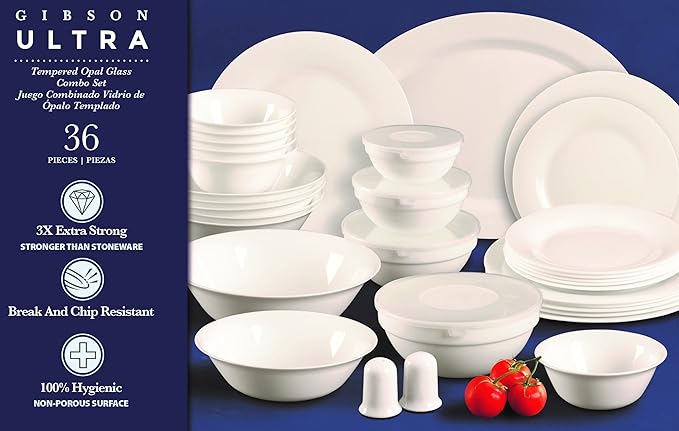 Gibson Home Ultra Break and Chip Resistant Dinnerware Set Soft Round: Service for 6 (36pcs) Opal Glass
