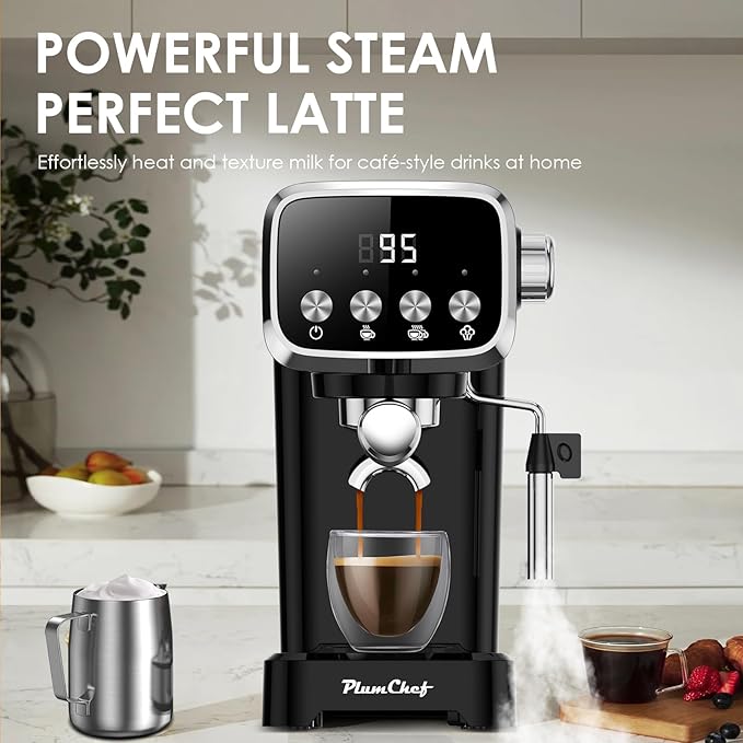 20 BAR Slim Vertical Espresso Machine with Milk Frother Built-in Cup Warmer 43 OZ Detachable Tank for Rich Espresso Americano Latte Compact Space-Saving Design Screen Button Black