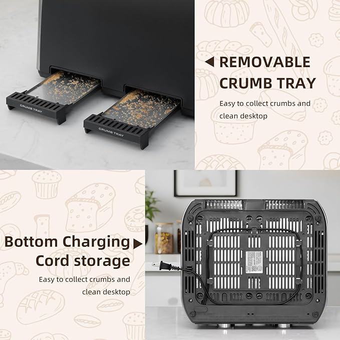 4 Slice Toaster 6 Browning Settings Removable Crumb Tray Stainless Steel Bread Toaster for Bagels Muffins Waffles Defrost Cancel Button 120V 1800W