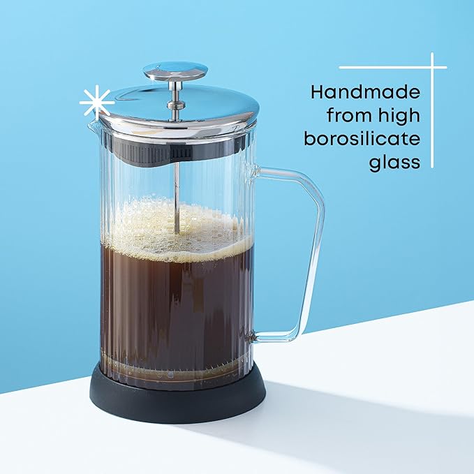 JoyJolt Fluted French Press Coffee and Tea Maker Set 33.8oz Stainless Steel Press Borosilicate Glass Coffee Press Cold Brew Portable French Press Tea Press Large clear