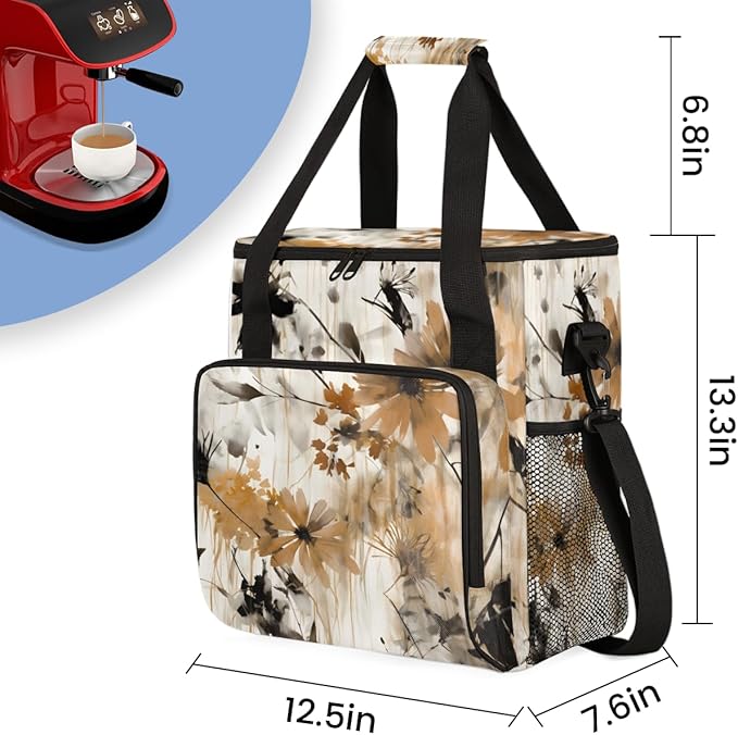 Retro Brown Flowers Coffee Maker Carrying Bag Portable Travel Storage Tote Bag Compatible with K-Mini or K-Mini Plus Single Serve Coffee Brewer Carrying Case with Multiple Pockets &amp Shoulder Str