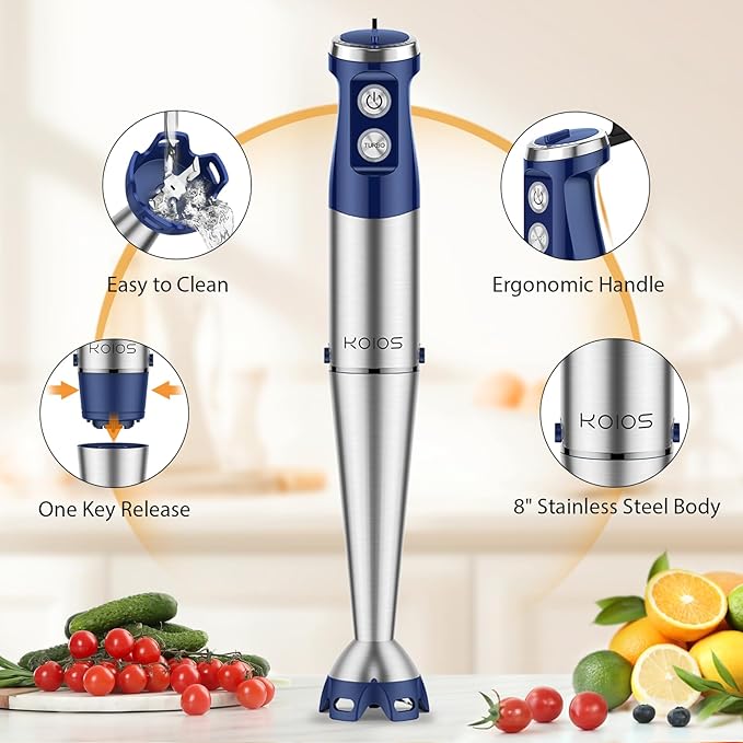 KOIOS Immersion Blender 1000W Anti-scratch 3-in-1 Hand Blender Upgraded 12 Speed Stainless Steel Blade Stick Blender with Turbo Mode Whisk and Milk Frother Non-BPA Blue