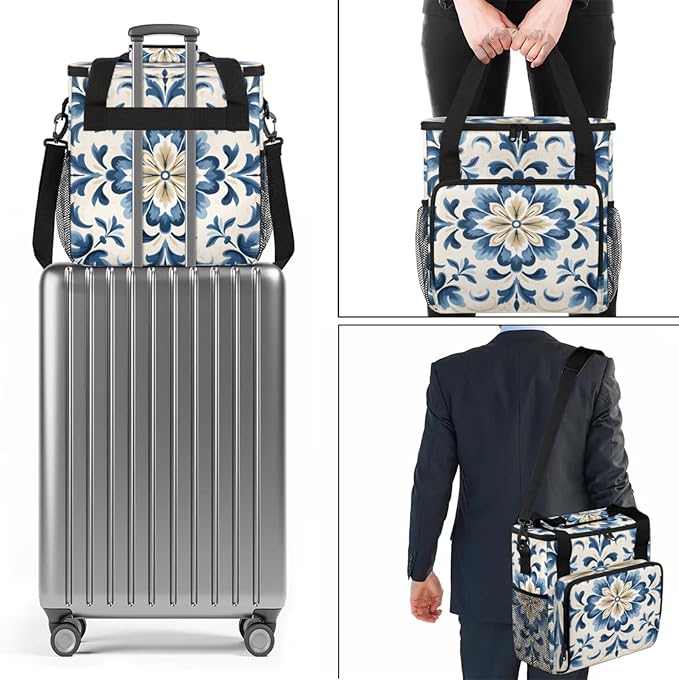 Watercolor Blue Flowers Coffee Maker Travel Bag for Keurig K-Mini/K-Mini Plus Insulated Waterproof Tote with Pockets for K-Cup Portable Single-Serve Brewer Case