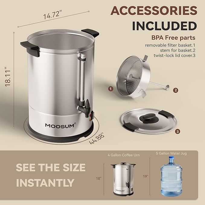 100-Cup Commercial Coffee Maker Hot Water Urn 4 Gallon Large Capacity Hot Drink Dispenser 1500W Quick Brew for Catering Events Stainless Steel