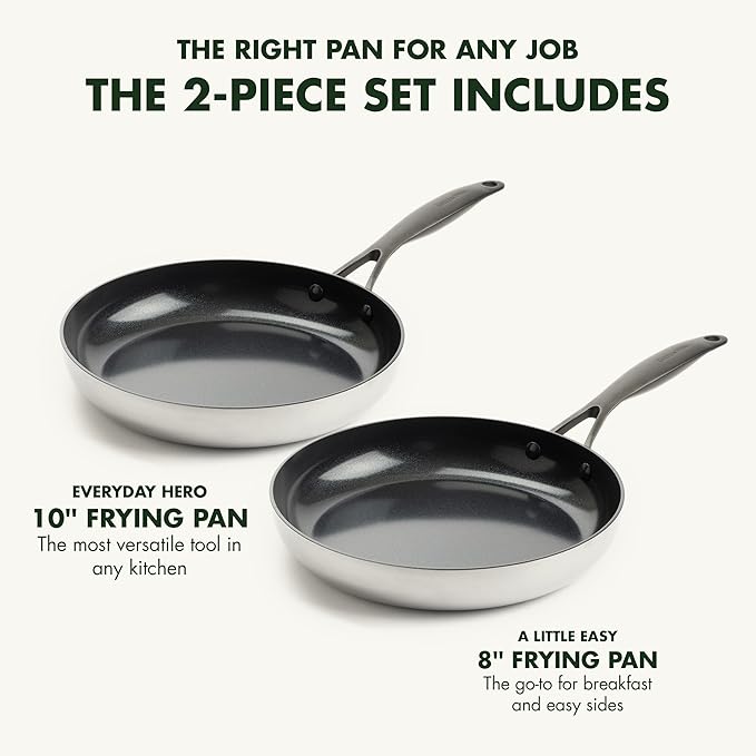 GreenPan Venice Pro Noir Tri-Ply Stainless Steel Healthy Ceramic Nonstick 10 and 12 Frying Pan Skillet Set Matte Black Handle PFAS-Free Multi Clad Induction Dishwasher Safe Oven Safe Silver