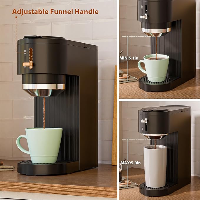 WAA 2-in-1 Single Serve Coffee Maker for Both Capsule &amp Ground Adjustable Funnel 6-14oz Brew One-Touch Switch Safe &amp Easy Clean Perfect for Home/Office.