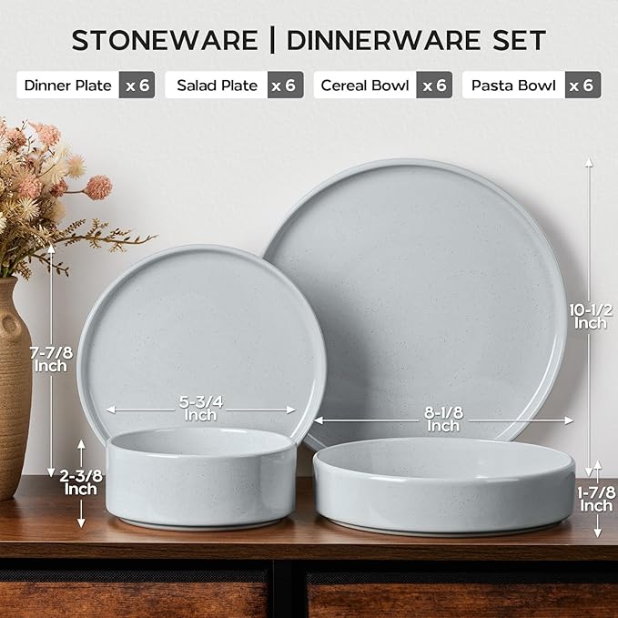 Onader Dinnerware sets 24 Piece Plates and Bowls Stoneware Kitchen Dinner Dish Set for 6 Ceramic Speckled Dinnerware with Pasta Bowl - Slate Gray