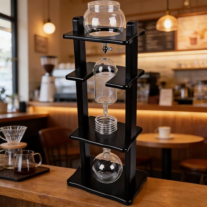 Cold Brew Coffee Tower 1000ml Large Capacity Ice Coffee Machine Slow Drip Technology with Black Wood Straight Frame Makes 6-8 Cups for Bars Clubs Parties