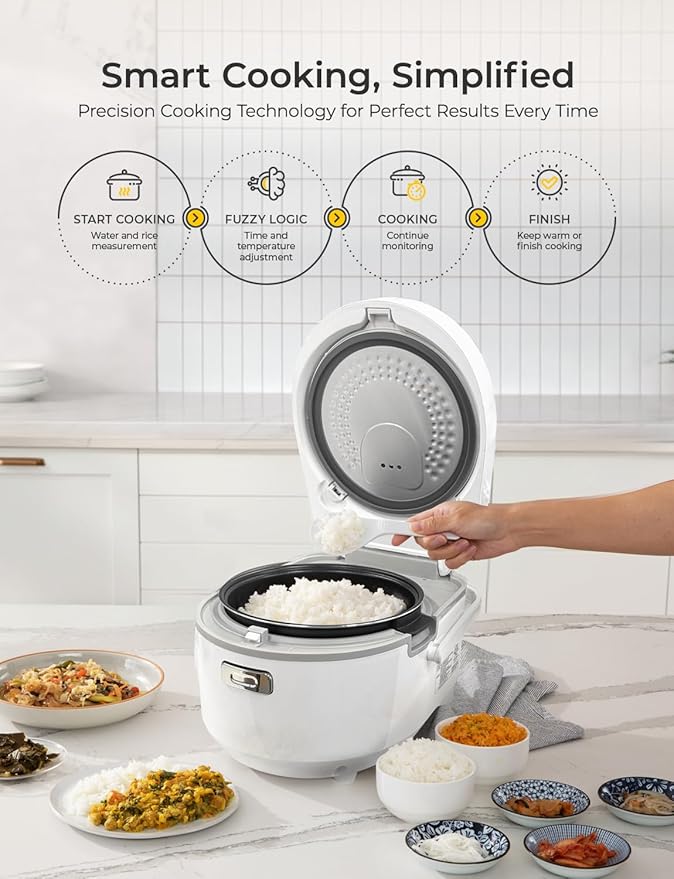CUCKOO Micom Rice Cooker 8-Cup Uncooked / 16-Cup Cooked with Nonstick Inner Pot Large Rice Maker with 9 Menu Options Fuzzy Logic Technology Auto Clean Mode LCD Display White (CR-0810F)