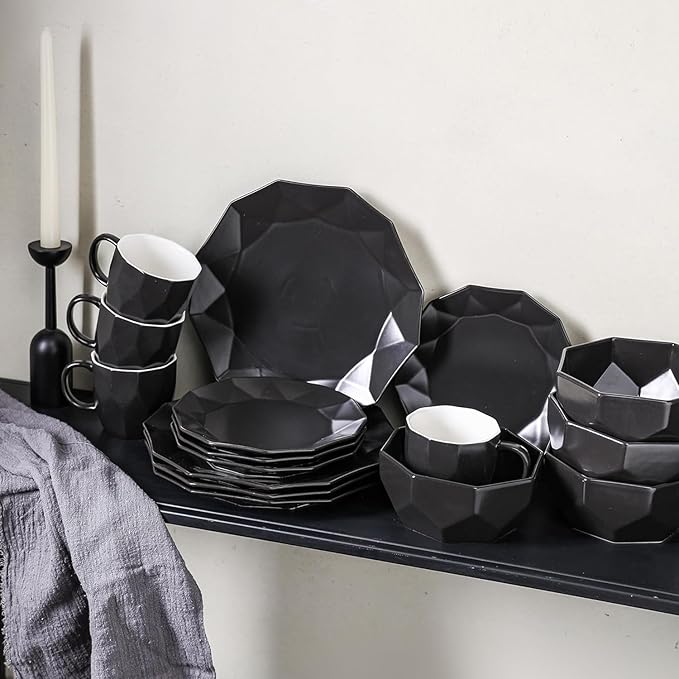 Stone + Lain Jamie Porcelain 16-Piece Geometric Dinnerware Set Black