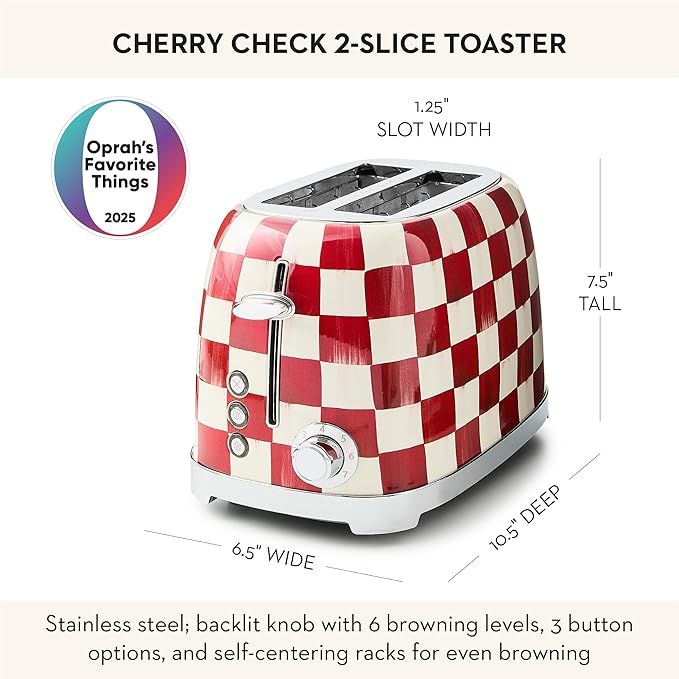 MACKENZIE-CHILDS 2-Slice Toaster Decorative Toaster for Kitchen Red-and-White Cherry Check