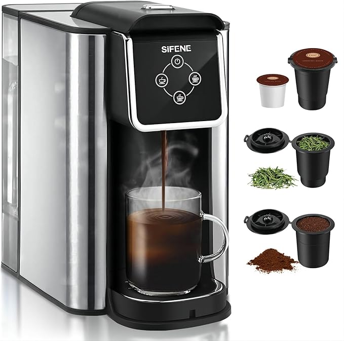 SIFENE Single Serve Coffee Maker 3-in-1 Quick Brew for Coffee Pods Ground Coffee &amp Loose Tea 6-12oz Cup Sizes 50oz Removable Water Tank 1150W Compact Black