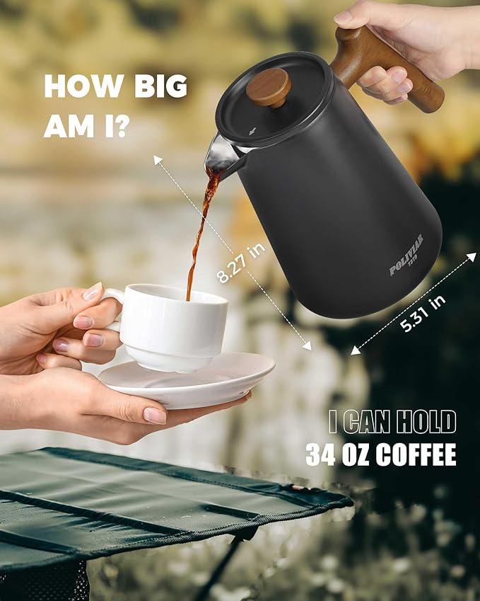 POLIVIAR French Press Coffee Maker 34 oz Coffee Press with Real Wood Handle Double Wall Insulation &amp Dual-Filter Screen Food Grade Stainless Steel for Good Coffe and Tea JX2025-XFPB