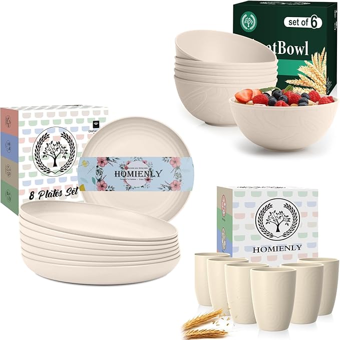 Homienly 20 PCS Premium Wheat Straw Dinnerware Sets Reusable Cups Plates and Bowls Sets for Kitchen Lightweight and Unbreakable Dishwasher and Microwave Safe Dishes Set - Beige