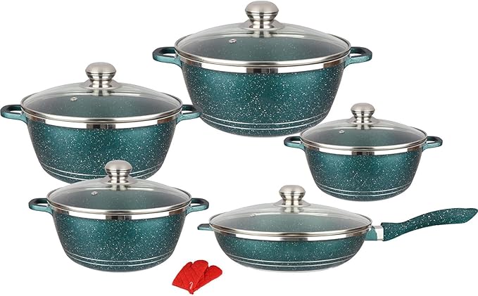 10-Piece Nonstick Cookware Set - Granite &amp Marble Coated Pots and Pans with Glass Lids - Aluminum Kitchenware Set with Frying Pan Saucepans &amp Stock Pot - Green Variety Pack