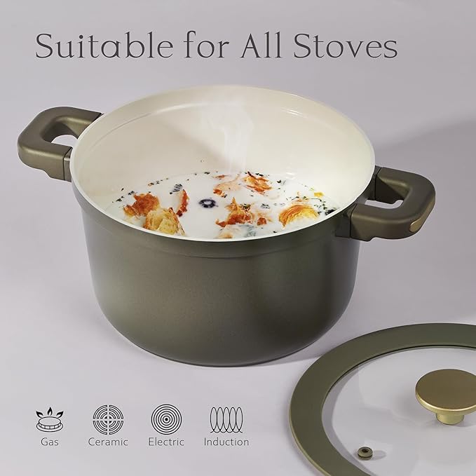 CAROTE Pots and Pans Set Nonstick Ceramic Cookware Set with Detachable Handles 5.5QT/3QT/2QT Non stick Stock Pot Non-toxic Induction Cookware PFAS and PFOA Free Olive Gree