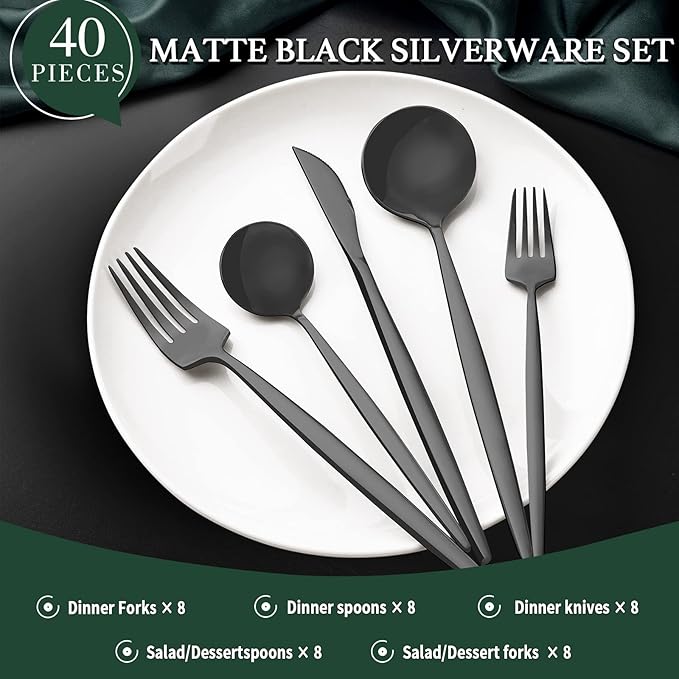 40-Piece Matte Black Silverware Set for 8 CEKEE Stainless Steel Flatware Cutlery Set Cutlery Kitchen Utensils Set for Home Restaurant Apartment Include Knife Forks and Spoons Silverware Set