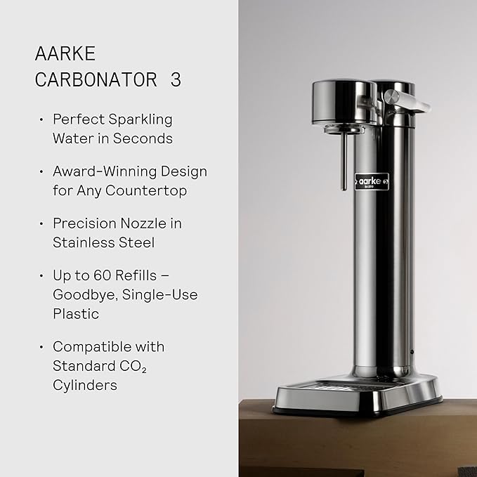 Aarke Carbonator lll with CO2 Cylinder Sparkling &amp Carbonation Water Machine Stainless Steel with PET BPA-Free Reusable Bottle Volume 1L/34 fl oz (Stainless Steel)