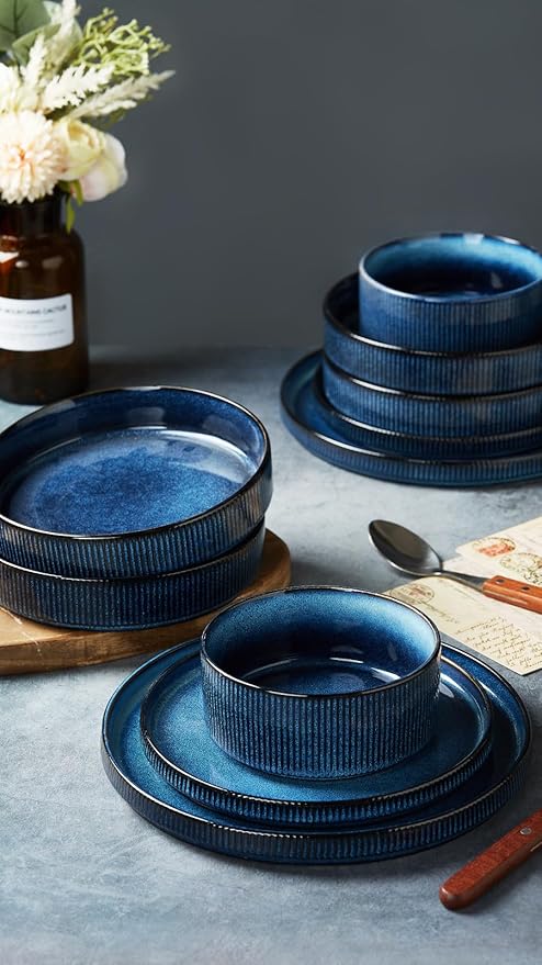 Famiware Star Dinnerware Set with Plates and Bowls Service for 4 (16-Piece) Stoneware Kitchen Dishes Dinner Sets - Nebulas Blue