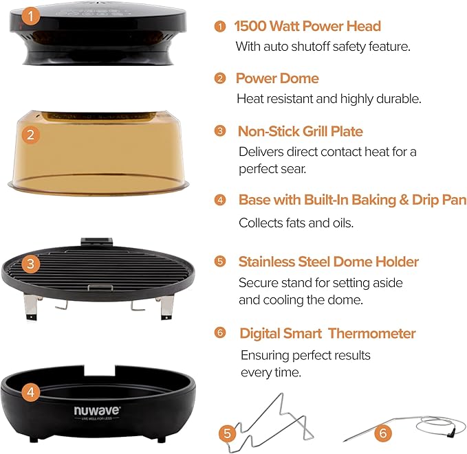 Nuwave Infra-Red Primo Grill Oven Integrated Smart Thermometer Nonstick Grill Bottom &amp Convection Top for Surround Cooking Cook Fresh or Frozen Durable Power Dome Included