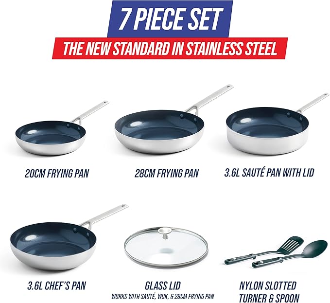Blue Diamond Cookware Tri-Ply Stainless Steel Ceramic Nonstick 7 Piece Cookware Pots and Pans Set PFAS-Free Multi Clad Induction Dishwasher Safe Oven Safe Silver