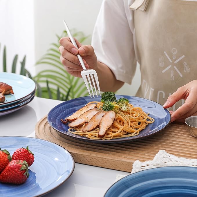 Selamica Ceramic Dinnerware Sets for 6 18 Pieces Plates and Bowls Set Scratch Resistant Dishes Set Handpainted Swirl with Spot Dishwasher &amp Microwave Safe Gradient Blue