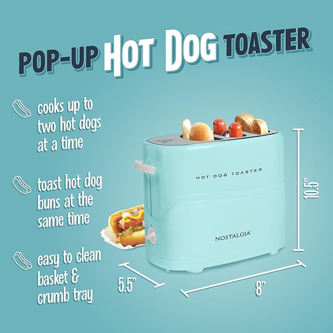 Nostalgia Pop-Up 2 Hot Dog and Bun Toaster With Mini Tongs Works with Chicken Turkey Veggie Links Sausages and Brats
