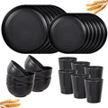 LIYH 24 Pcs Black Wheat Straw Dinnerware Sets Unbreakable Plates and Bowls Set Plastic Dinnerware Set Include Wheat Straw Plates Bowls Cups Dishes for Kitchen&amp Camping