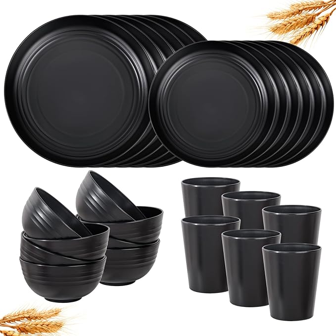 LIYH 24 Pcs Black Wheat Straw Dinnerware Sets Unbreakable Plates and Bowls Set Plastic Dinnerware Set Include Wheat Straw Plates Bowls Cups Dishes for Kitchen&amp Camping
