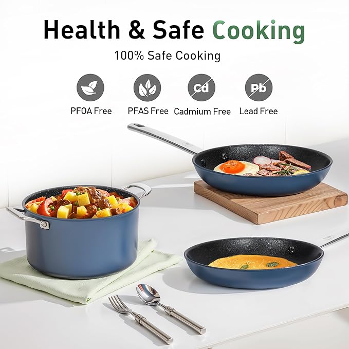 Kitchen Academy Plasma Titanium Ceramic Nonstick Cookware Set - 6 Piece Induction Pots and Pans Set Non Stick Blue Healthy Non Toxic Cooking Ware Set with Scratch Defense Technology PFOA&ampPFOS Fr