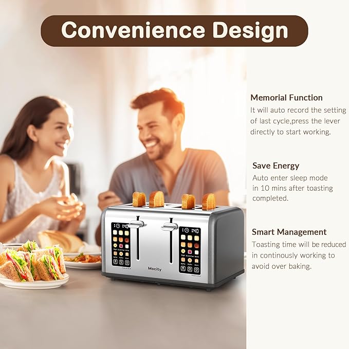 Mecity 4 Slice Toaster with Touch Screen Control 4 Wide Slots Stainless Steel Smart Bread Toaster for Bagels Muffins Waffles Dual Control Panel Timer Defrost Reheat 120V 1650W Pearl Grey