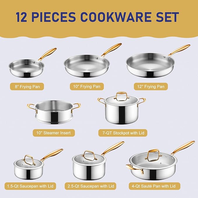Triple Ply Stainless Steel Pots and Pans Set EWFEN 12 Piece Induction Cookware Set Oven Dishwasher Safe | Frying Pans Saucepans Saute Pan &amp Stock Pot PFOA Free Kitchen Skillet Gold