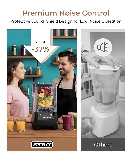 SYBO HS-210E Professional-Grade Commercial Blender With Quiet Shield Heavy-Duty 2HP High-Speed 48oz BPA-Free Jar Easy Cleaning &amp Dishwasher-Safe for Juice Ice Shakes Smoothies Metallic