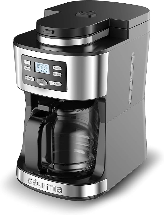 Gourmia Digital Coffee Machine 12Cup FullyAutomatic Large coffee maker integrated CoffeeGrinderPotstainless steel mesh coffee filter 4Hr KeepWarm and Freshness Indicator GCM3180Black and Silver