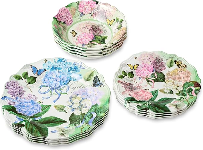 Garden Path Melamine 12-Piece Dinnerware Set - Hydrangea Design Service for 4 with Dinner Plates Salad Plates and Bowls - Durable Lightweight and Dishwasher-Safe