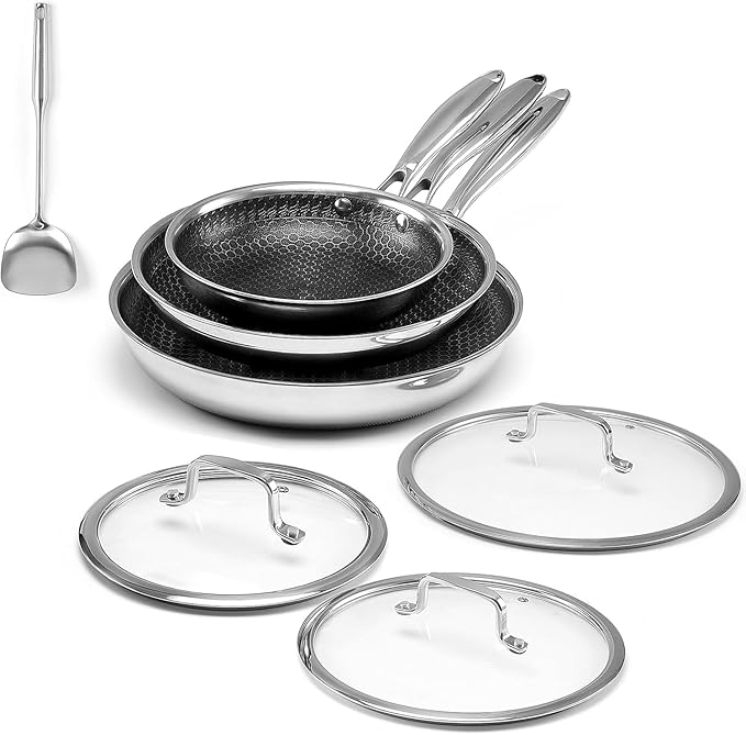 Non Stick Frying Set 8 10 and 12-Inch Hybrid Non Toxic Fry Pan Skillet with Lids Dishwasher and Oven Safe Induction Ready Silver Kitchen Cookware set (7-Pcs Pan Set)