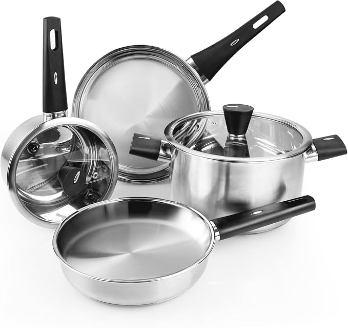 Meythway 𝐔𝐏𝐆𝐑𝐀𝐃𝐄 Stainless Steel Pots and Pans Set Non Toxic 6PCs Kitchen Cookware Sets with Stay-Cool Handles Non-Stick Dishwasher Safe&ampCompatible with All Stovetops(GasElectric&ampIn