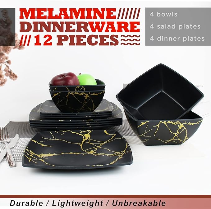 Melamine Dinnerware Set for 4-12 Pcs:Camping Dishes Set with Dinner PlatesSalad Plates and Bowls.Lightweight and Unbreakable.Indoor and Outdoor Use. flower 26