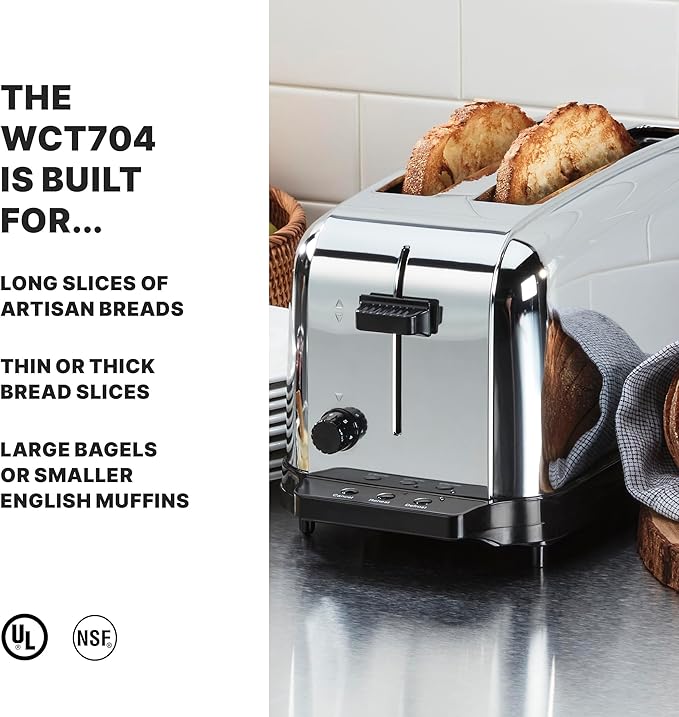 Waring Commercial WCT704 4 Slice Extra Long Slot Light Duty Pop-Up Toaster 120V 5-15 Phase Plug