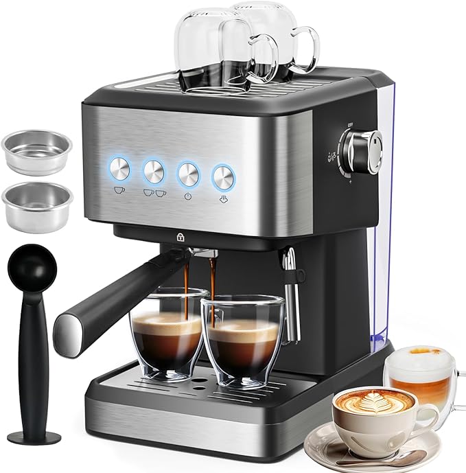 Espresso Machine with Milk Frother 20 Bar Espresso Maker for Cappuccino&ampLatte Compact Coffee Maker for Home&ampOffice 50oz Removable Water Tank Stainless Steel